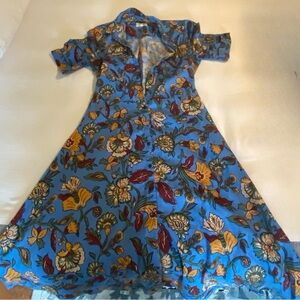 Sezane Blue Midi Dress with Notched Collar and Cuffed Sleeves